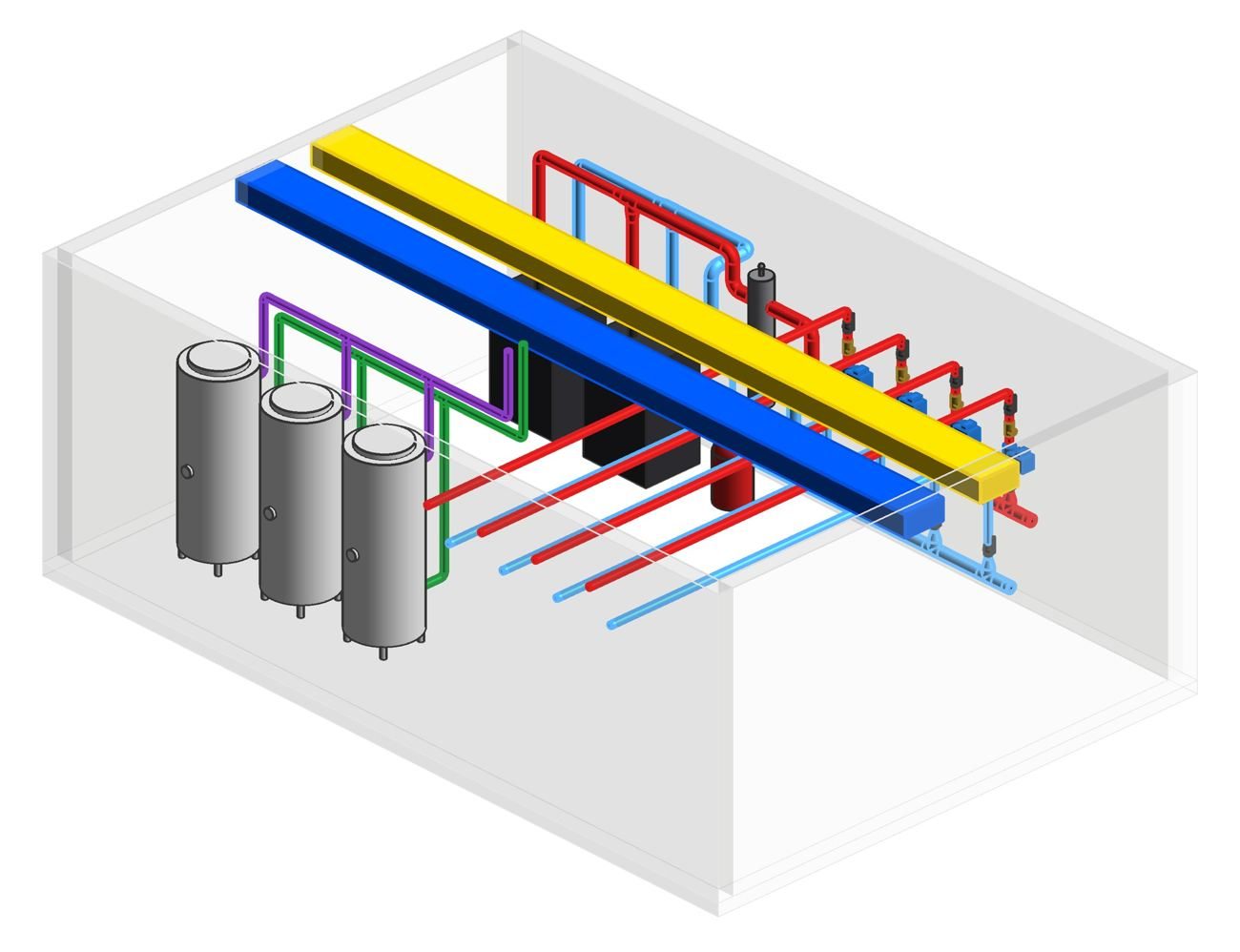 3D section: tanks, boilers, ducts